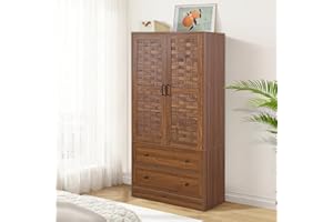 LEVNARY Armoire Wardrobe Closet with 2 Woven Doors, Wardrobe Cabinet with Storage Drawers and Hanging Rail, Freestanding Closets for Bedroom (Walnut)
