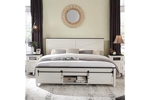 JXQTLINGMU 3 Pieces Farmhouse Bedroom Set-King Size Bed with 2 Nightstands of Sliding Barn Door Storage Cabinets, Solid Wood Slats Support, Noiseless, No Box Spring Needed, Off White