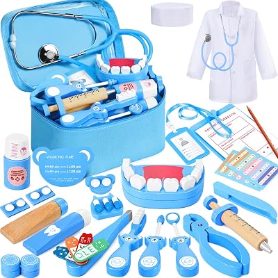 Ophy 40pc Wooden Dentist Play Set for Kids 3+ with Tooth Model Stethoscope Bag
