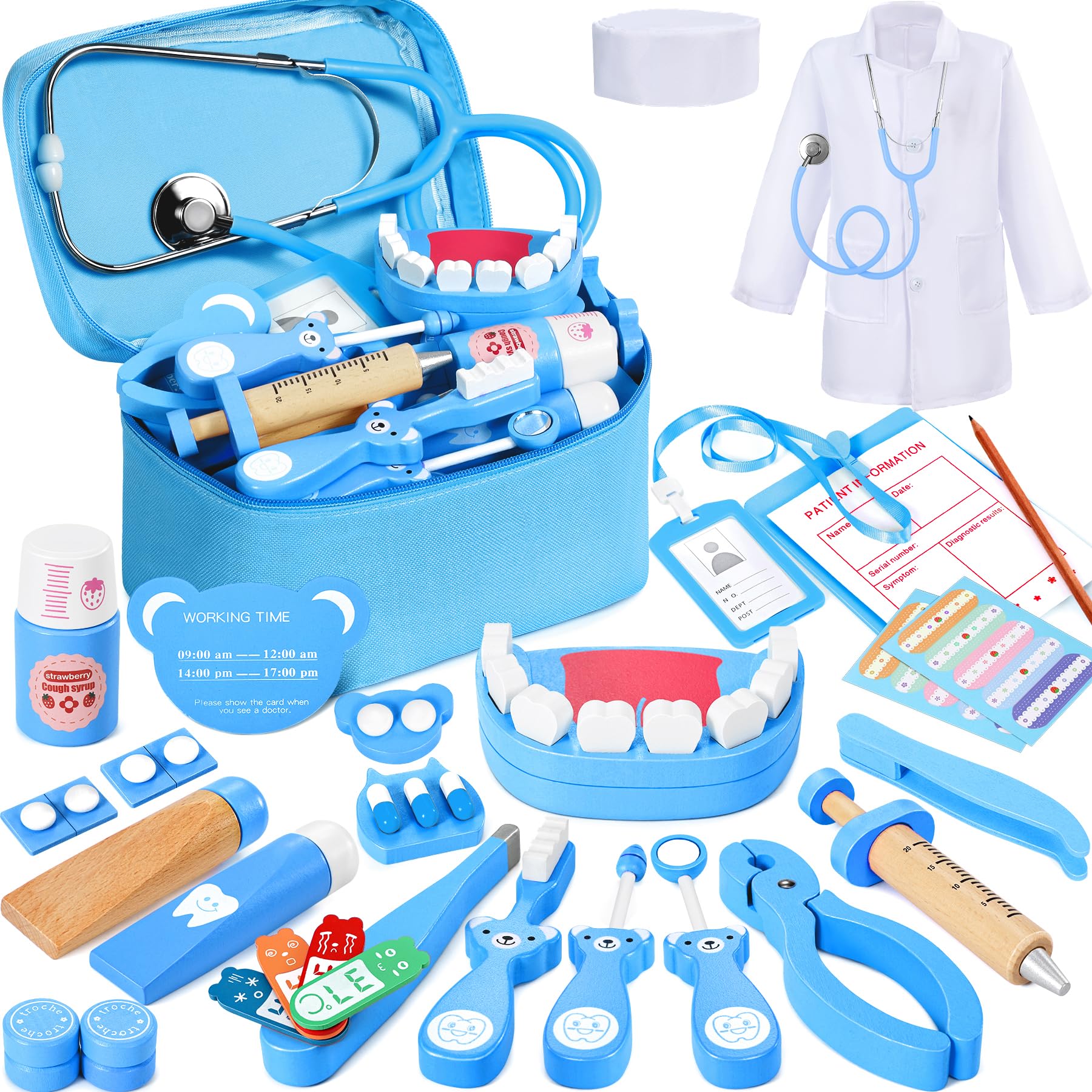 Ophy Dentist Toys for Kids Age 3+, 40PCS Wooden Doctors Set Pretend Play Dental Kit with Tooth Model, Stethoscope, Toothbrush, Educational Toy Gift for Boys and Girls