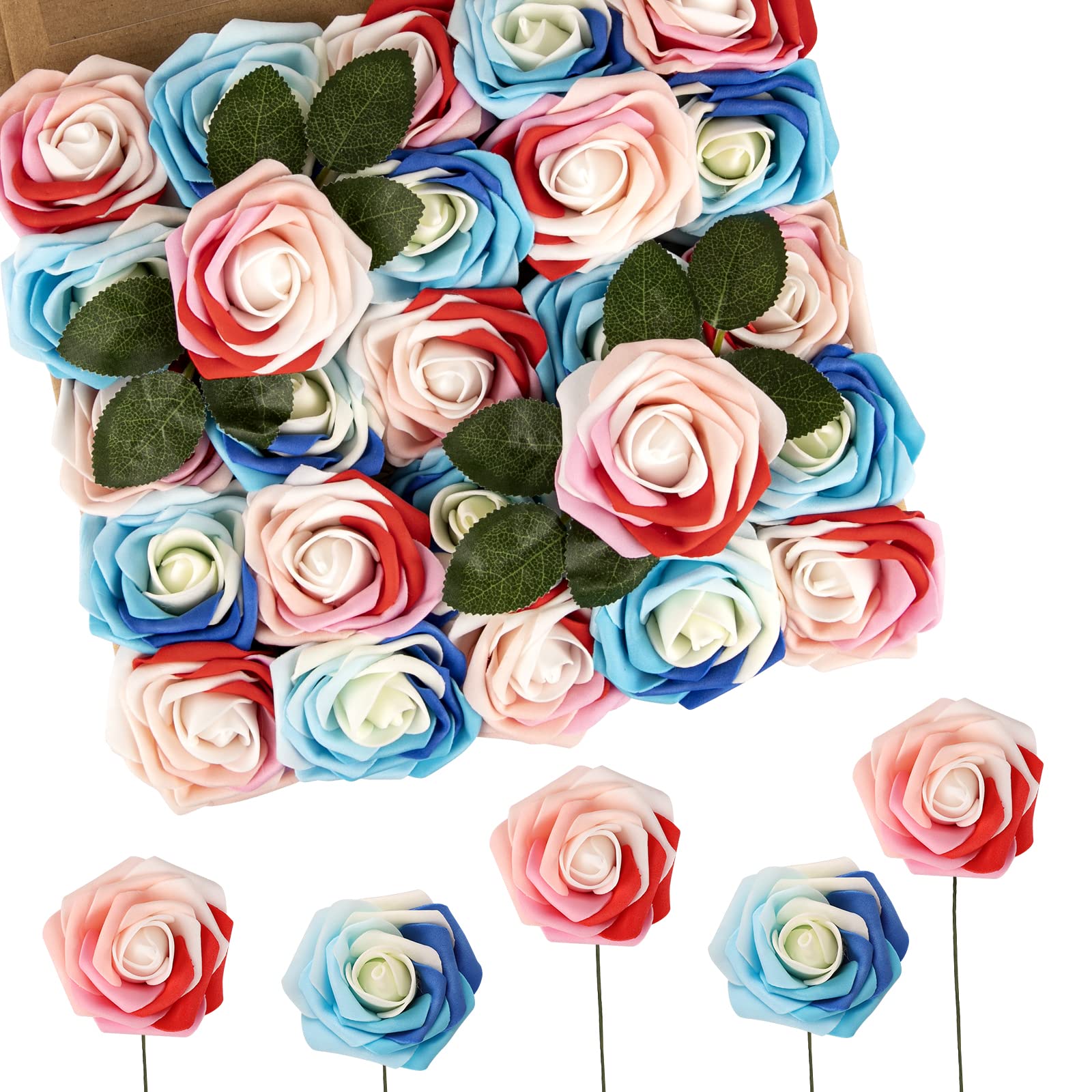 N&T NIETING Artificial Flowers Roses, 25Pcs Whimsical Blue Fake Foam Roses with Stems for DIY Wedding Bouquets Baby Shower Centerpieces Floral Arrangements Party Home Decor