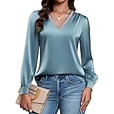 Blooming Jelly Womens Silk Business Dressy Casual Blouses Winter Lace V Neck Trendy Tops Long Sleeve Work Cute Flowy Shirts (S, Turquoise)