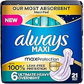 Always Maxi Overnight Feminine Pads with Wings for Women, Size 6, Ultimate Heavy Overnight Absorbency, Unscented, Up to 100% Leak-Free Protection, 21 Count