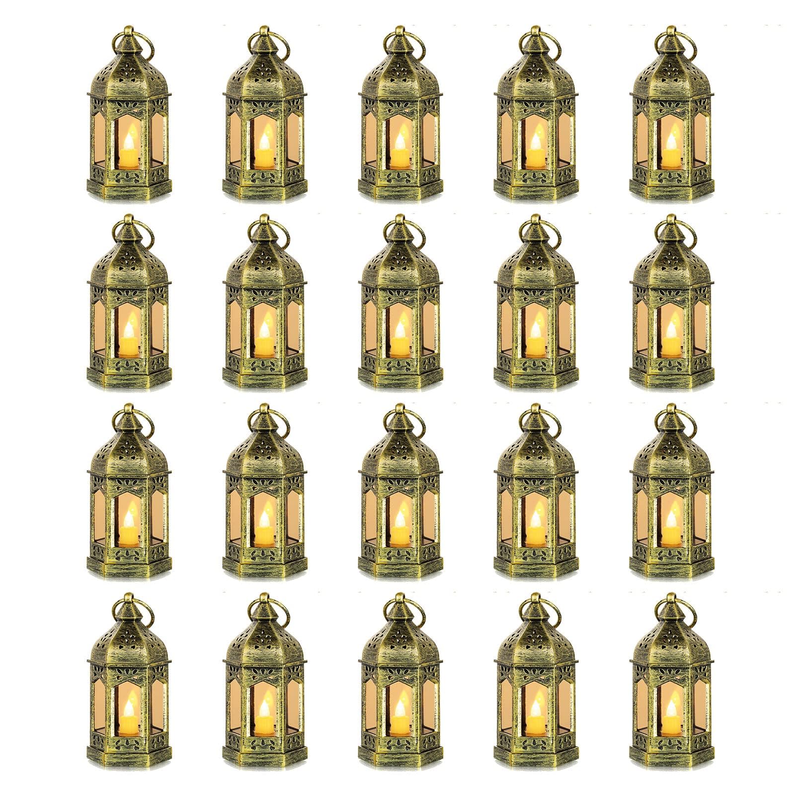 Romadedi Gold Candle Lantern Christmas - 20pcs Hanging Small Decorative LED Lantern Bulk for Halloween Table Decoration Wedding Decor Moroccan Ramadan
