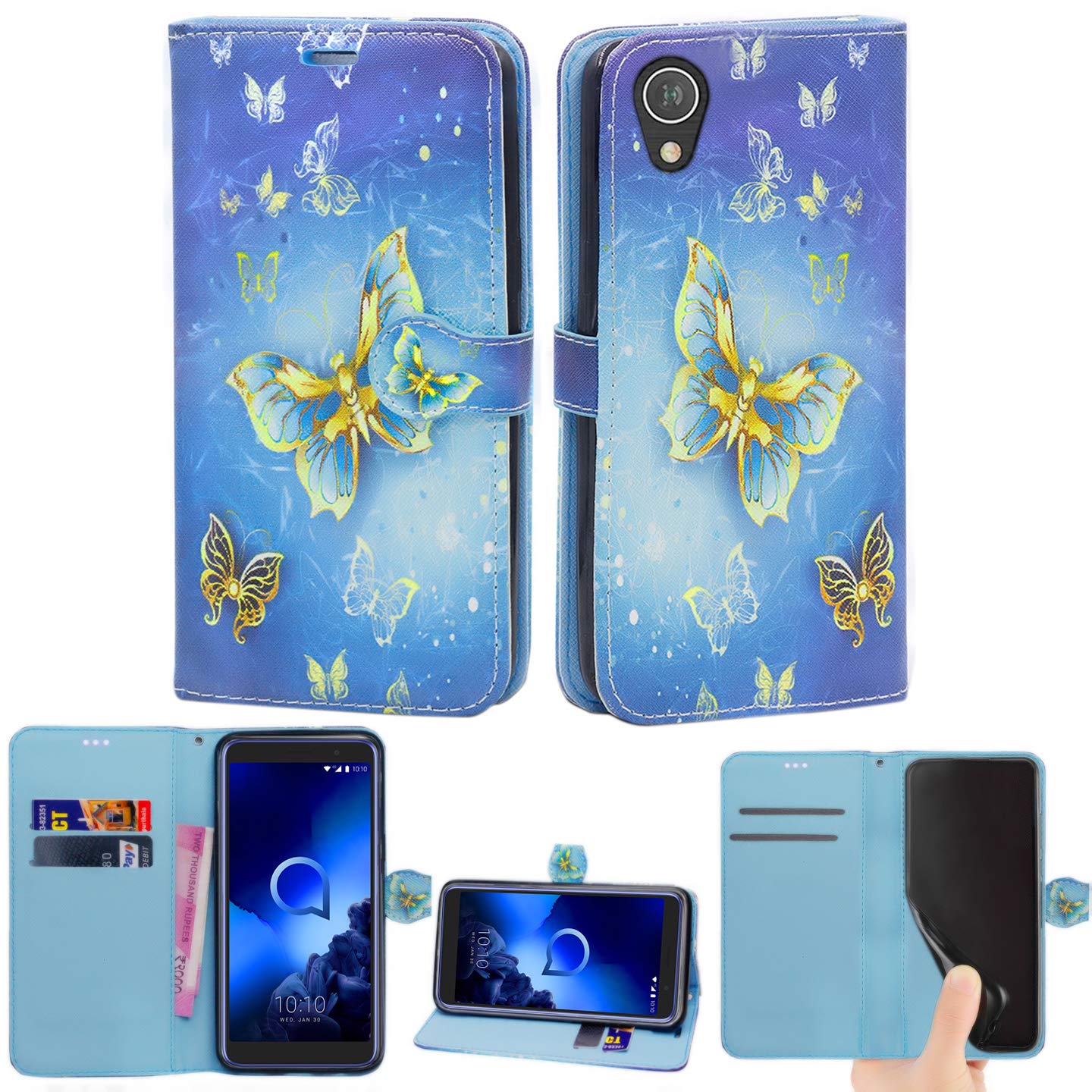 Mobile Stuff Alcatel 1 (5033X) Case, Leather Case Flip Folio Book Case Wallet Cover with Magnetic Closure & Kick Stand For Alcatel 1 (Butterfly Gold)