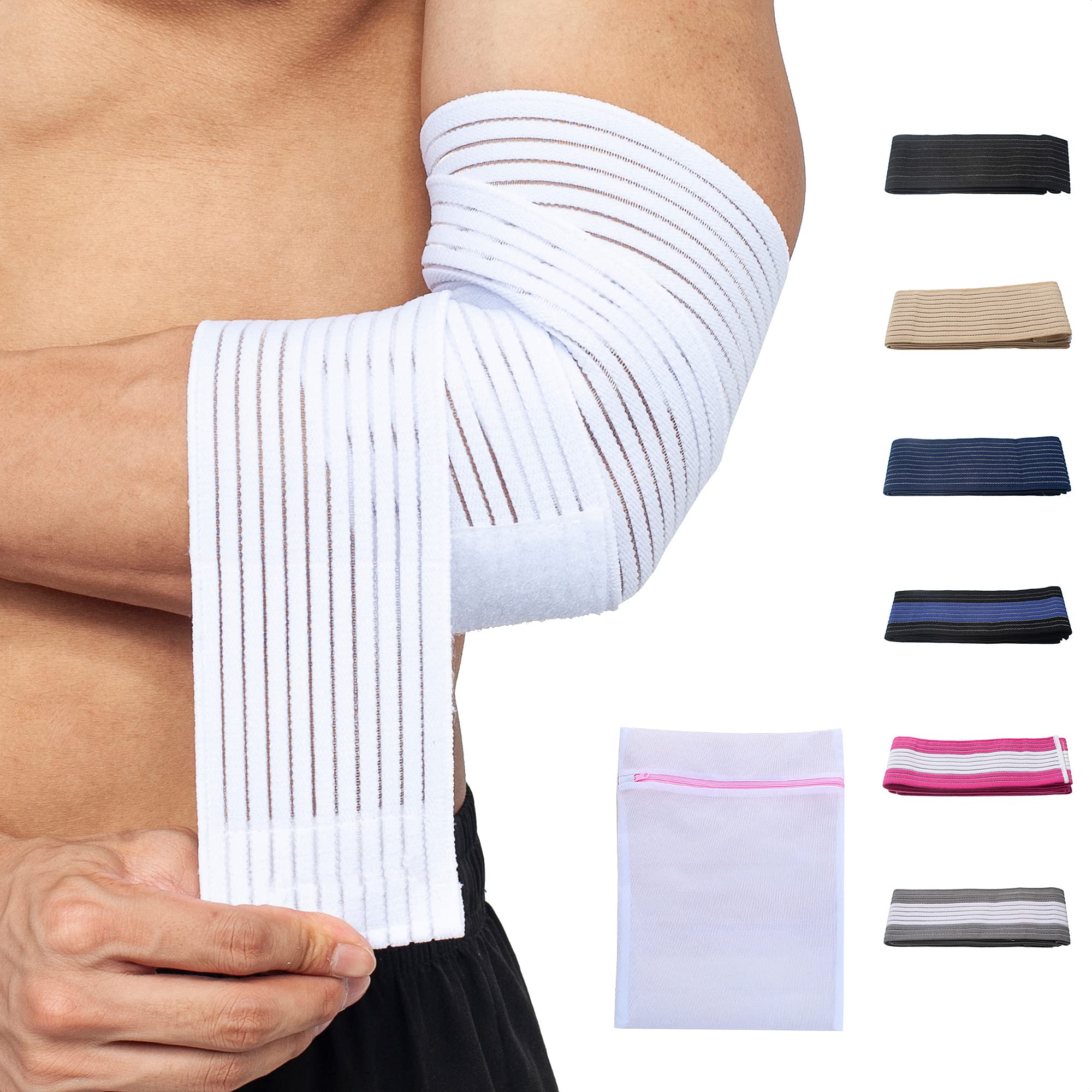 360 RELIEF - Elbow Support Brace Compression Bandage | Fitness, Gym, Workout, Squats, Powerlifting, Weightlifting, Relieve, Sports | White Mesh Laundry Bag |
