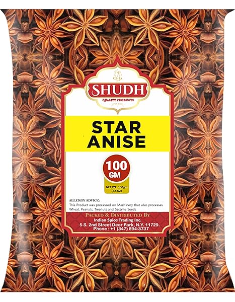 SHUDH STAR ANISE WHOLE 100 GM(3.5OZ), CHINESE STAR ANISE, SUN DRIED ANISE STAR SPICE, ANIS ESTRELLA/BADIAN KHATAI/ILLICIUM VERUM, WIDELY USED FOR BAKING, COOKING, AND TEA