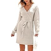 CUPSHE Women Casual Fall Dress 2024 V Neck Long Sleeve Ribbed Knit Belted A Line Mini Pullover Sweater Dress