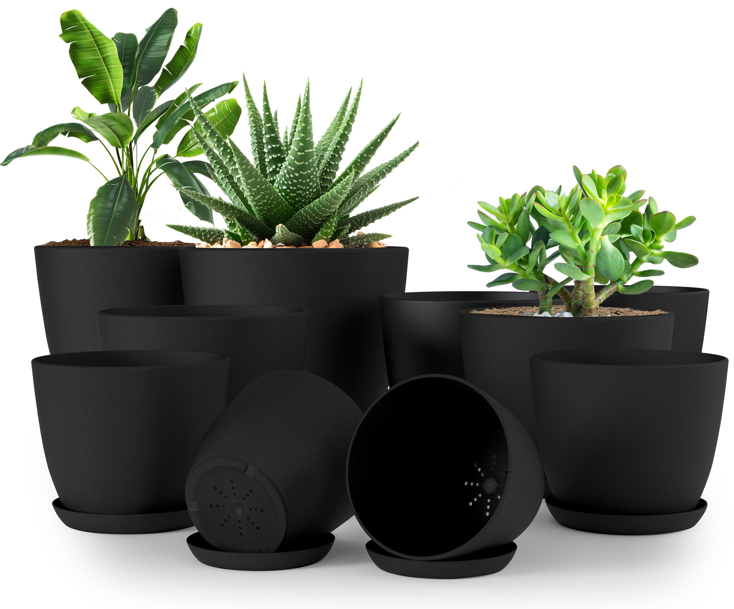 Utopia Home Plastic Planters Black, Flower Nursery Pots Indoor Modern Decorative Plastic Pots for Plants, Succulents, Flowers, and Cactus 10 Pack, Multisize
