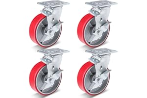 Nefish 6 Inch Industrial Casters Set of 4 Heavy Duty No Noise Polyurethane Wheel on Steel Hub, Workbench Casters with Brakes 4800 Lbs, Plate Swivel Casters for Toolbox Workbench (4 Swivel & Brakes)