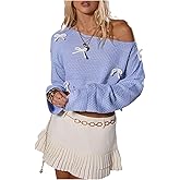 OYOANGLE Women's Bow Crochet Cropped Sweater Long Sleeve Boat Neck Y2K Pullover Knit Tops