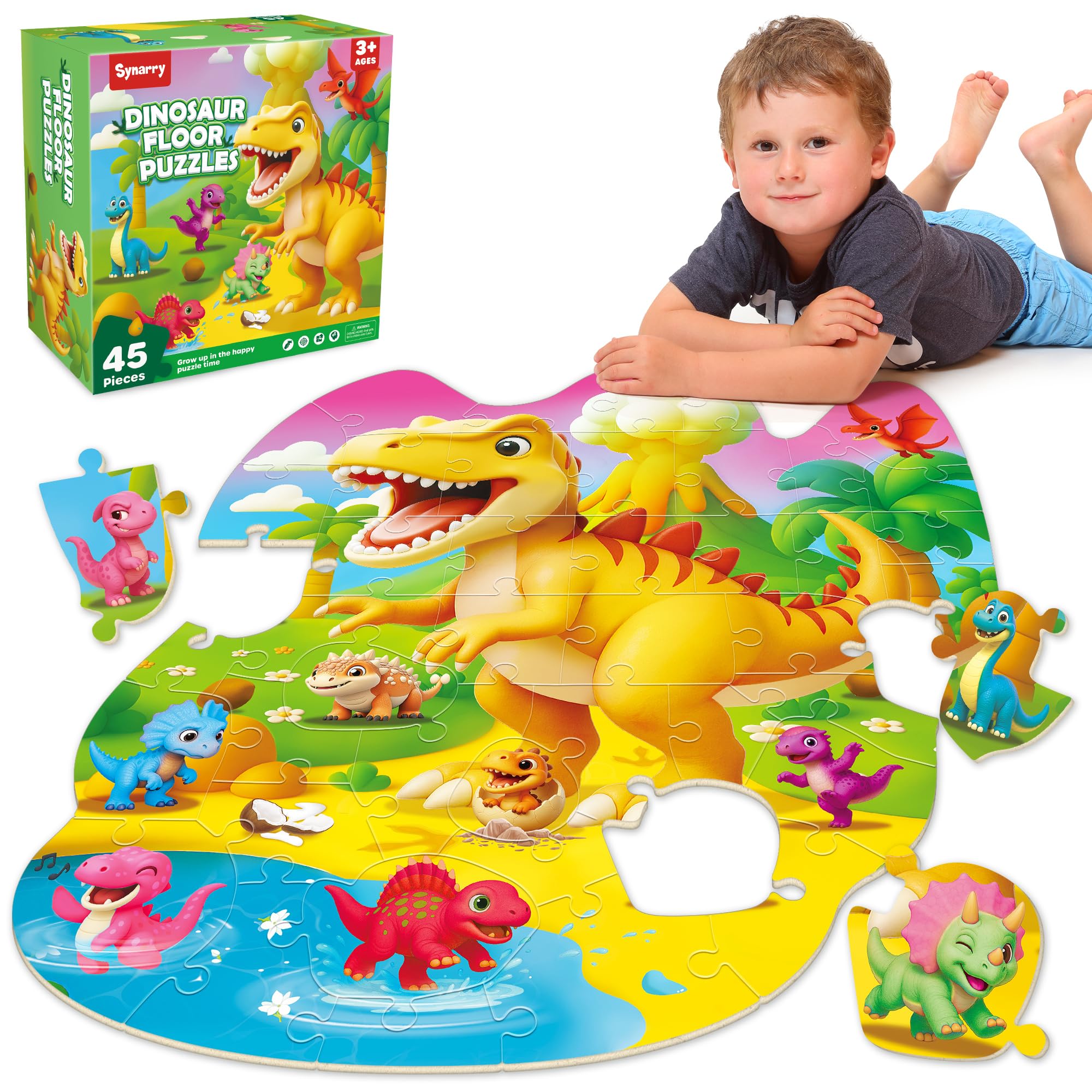SYNARRY Dinosaur Floor Puzzles for Kids Ages 4-6, Large 45 Piece Floor Puzzles for Kids Ages 3-5, Puzzles for 4-8 Years Old, Dinosaur Toys Easter Basket Stuffers Gifts for 3 4 5 6 7 8 Year Old Boys