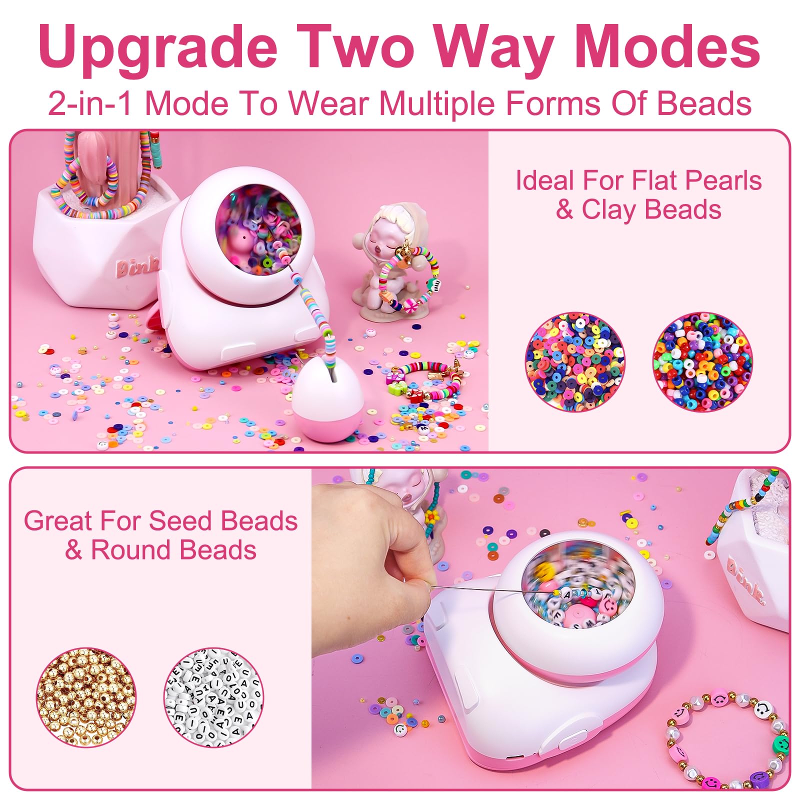 Pskfvre Cordless Electric Bead Spinner for Jewelry Making,2-in-1 Clay & Seed Bead Spinner,Bracelet & Necklace Maker Machine with Bead Needles and Thread,USB Charging,Pink (Beads Included)