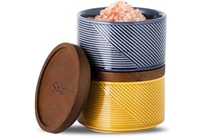 Adewnest Ceramic Salt and Pepper Bowl Set of 2 - 10 oz Capacity - Country Style - Stackable - Dishwasher Safe - Includes Wood