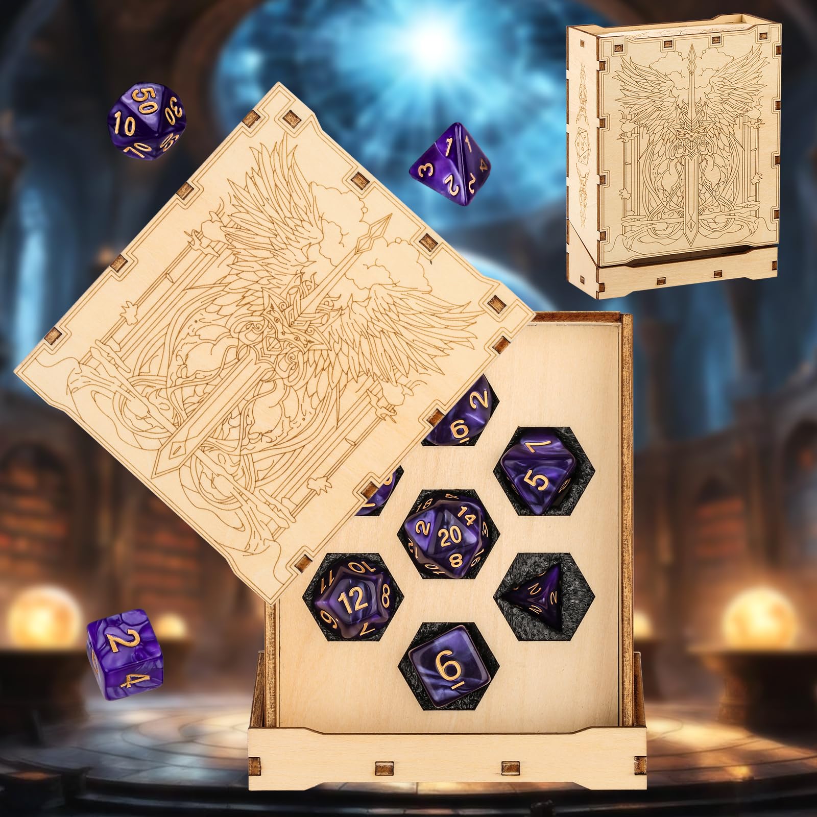 D&D Drawer Style Dice Box, 7 Purple Gold Polyhedral Dices, Sustainable Wood Wings and Swords Design Storage Box, RPG Player Warrior Case, DND Accessories, Tabletop Gamer Gift Set