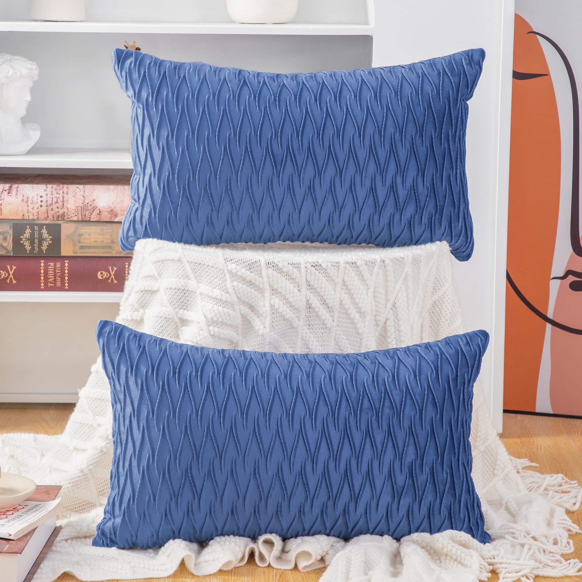 Madizz Pack of 2 Super Soft Velvet Decorative Cushion Covers with Texture Luxury Style Throw Pillow Cases Pillow Shell for Sofa Bedroom Royal Blue 12x20 inch Rectangular