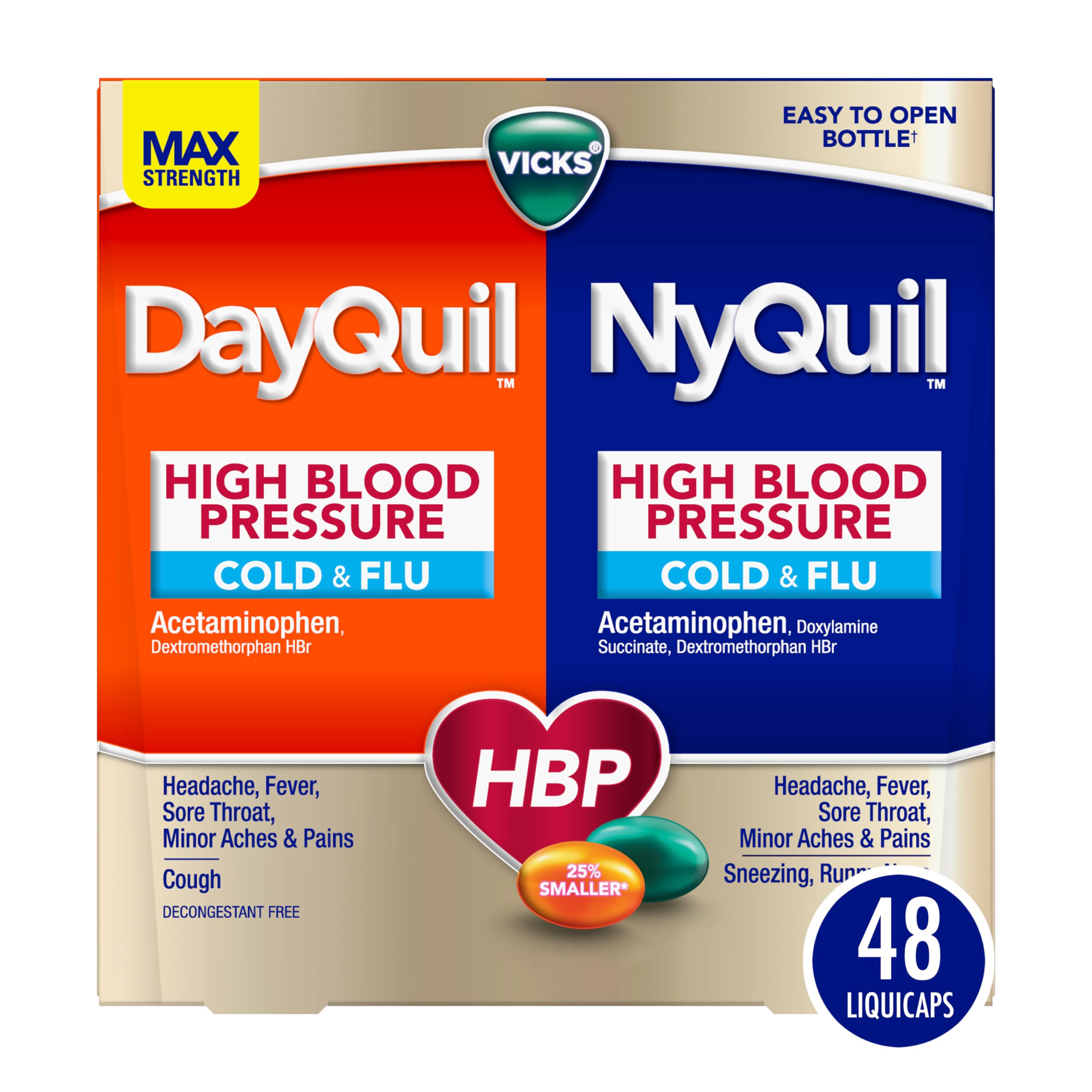 Photo 1 of VICKS DayQuil & NyQuil High Blood Pressure Cold & Flu Relief Liquicap 48ct Co-Pack, Powerful Multi Symptom Daytime & Nighttime Medicine for Cold, Cough, and Flu Symptoms, 24ct DayQuil, 24ct NyQuil