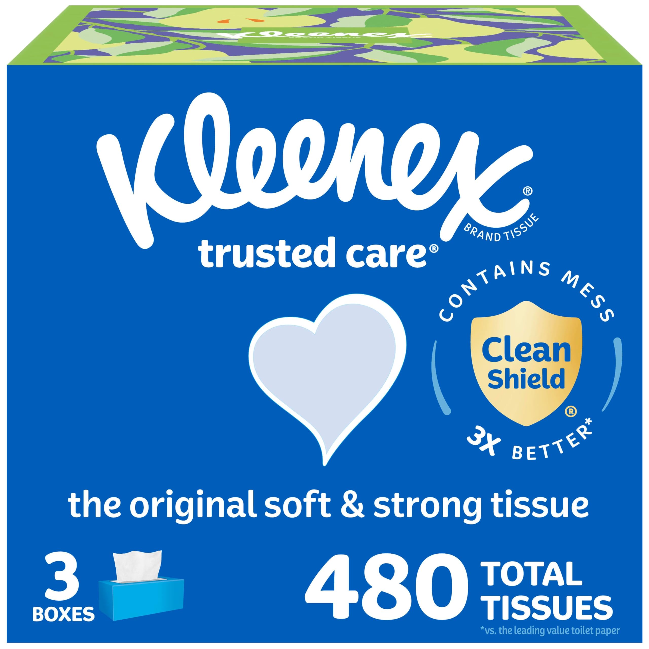 Photo 1 of Kleenex Trusted Care Facial Tissues, 3 Flat Boxes, 160 Tissues per Box, 2-Ply (480 Total), Packaging May Vary