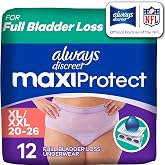 Always Discreet MaxiProtect Adult Diapers for Women, Incontinence Underwear, Scented, Postpartum Essentials, Bladder Leak Protection, Disposable Briefs, Maximum Plus Absorbency, Size XL/XXL, 12 Count