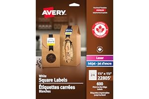Avery 1.5" x 1.5" Square Labels, for Laser/Inkjet Printers, Print-to-The-Edge, White, Square, 600 Labels, Permanent (22805) M