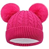 Girls Rainbow Pom Pom Beanies Hats Winter Knit Fleece Lined Beanie Hat for Kids Outdoor Snow Ski Skull Cap Age 7-12