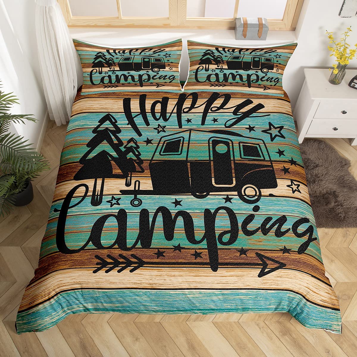Rustic Farmhouse Style Comforter Cover Camping Travel Car Bedding Set Vintage Wooden Door Duvet Cover for Children Kids Boys Girls Microfiber Green Bedspread Cover Double Size
