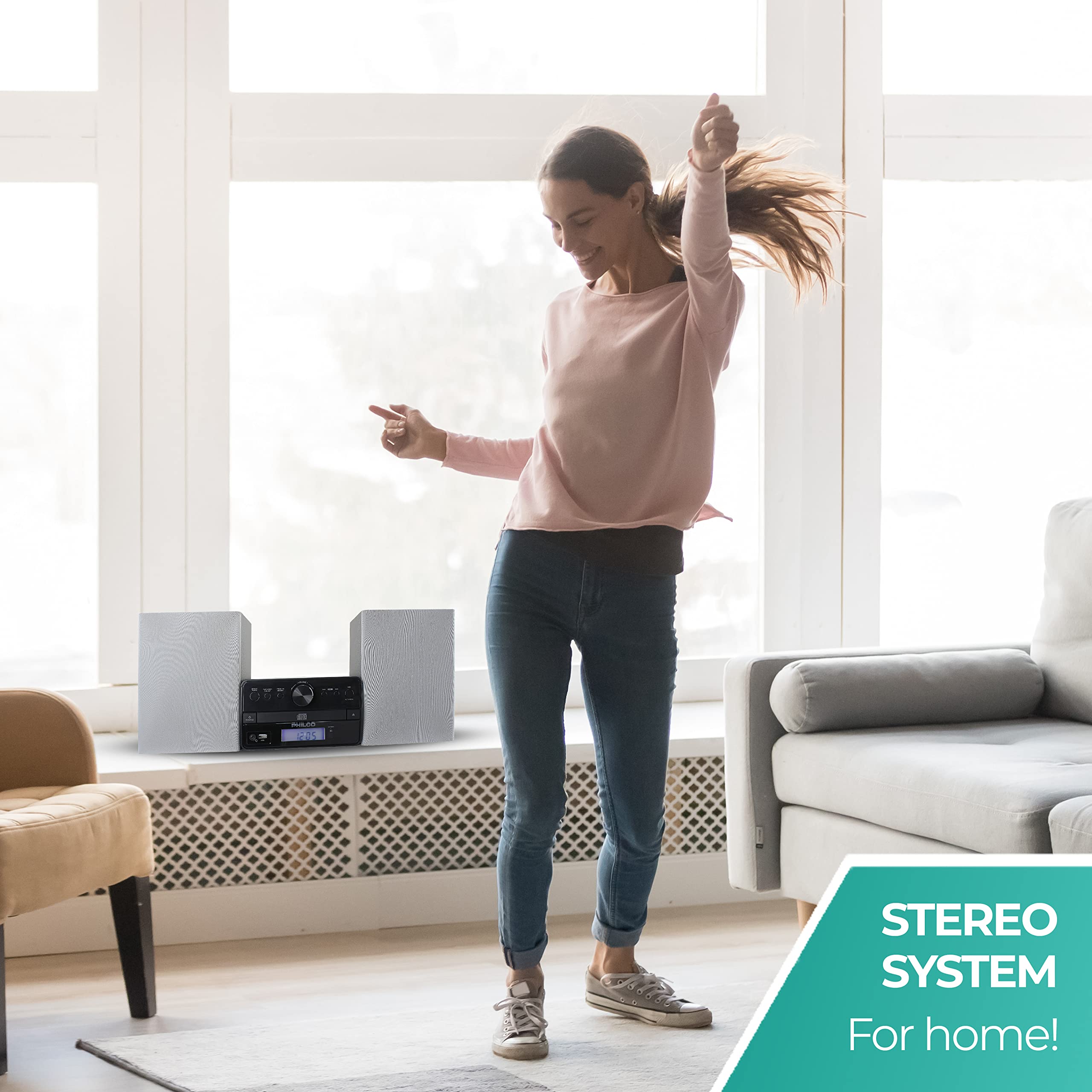 Philco Stereo Shelf Systems Tray Loading CD Player with Digital FM Radio, Bluetooth Streaming, Remote Control in Silver | LCD Display | 3.5mm Headphone Jack | MP3 & AUX Port Compatible | USB Input