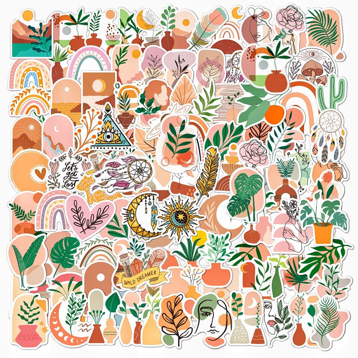 FOCRI 100PCS Boho Stickers, Aesthetic Bohemian Stickers for Girls Kids Women, Western Vintage Abstract Line Art Graffiti Waterproof Vinyl Cute Packs, Decals Water Bottles Laptop Journaling