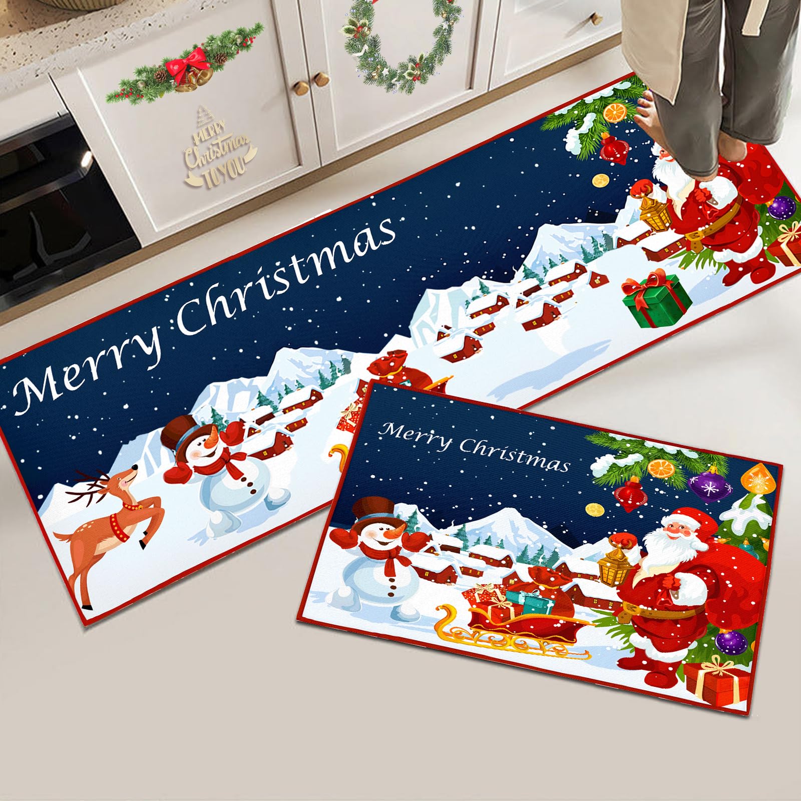 Hoimlm Christmas Kitchen Rugs Non-Slip Washable Kitchen Mats, Hallway Living Room Floor Bathroom Kitchen Carpet Set Christmas Decoration (Christmas C, 40 x 120 cm+40 x 60 cm)
