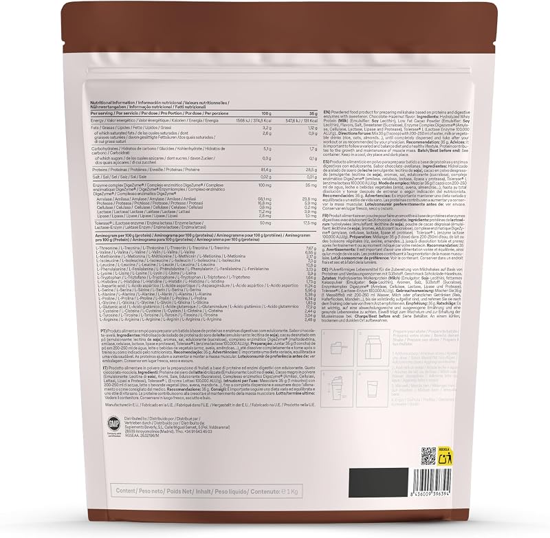 Beverly HYDRO PROTEIN – Proteína Hidrolizada de Suero con DigeZyme® y Tolerase® | 29 g Proteína por Ración | 1 kg (28 Servicios) | Alta Digestibilidad (Chocolate avellana)