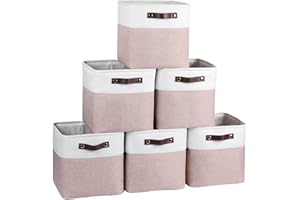 FinishingBo Cube Storage Baskets 6 Pack, 11x11 inch Foldable Cube Storage Bins with Leather Handles for Shelf Closet Nursery Toys (White/ Pink)