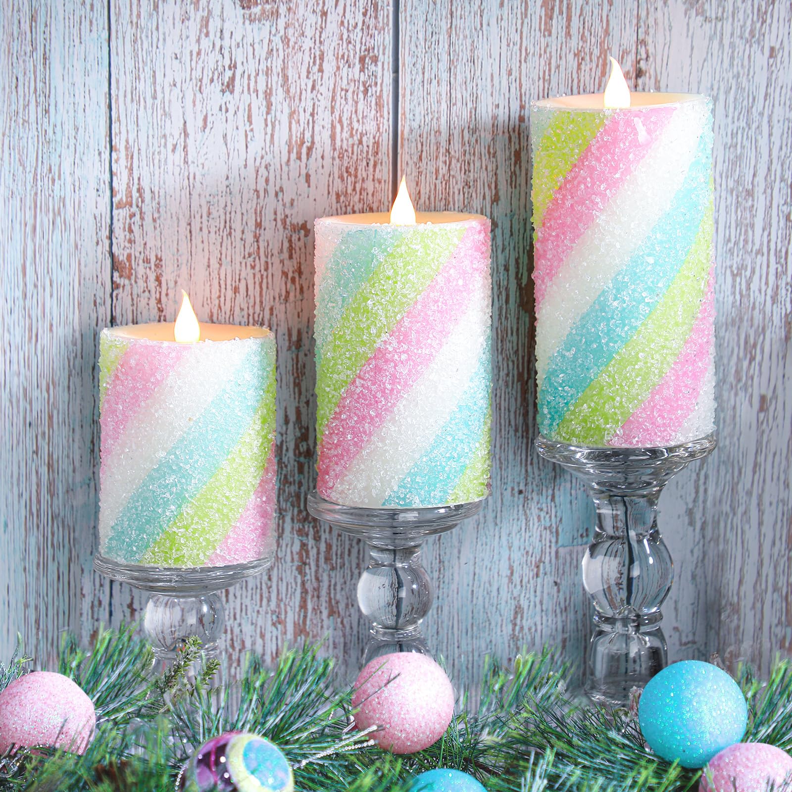 Photo 1 of ***one is broken***Baquler 3 Pcs Pastel Candy Flameless Candles Christmas Candy Stripe LED Pillar Candles Pastel Battery Operated Candlestick for Holiday Party Centerpiece Xmas Home Decoration