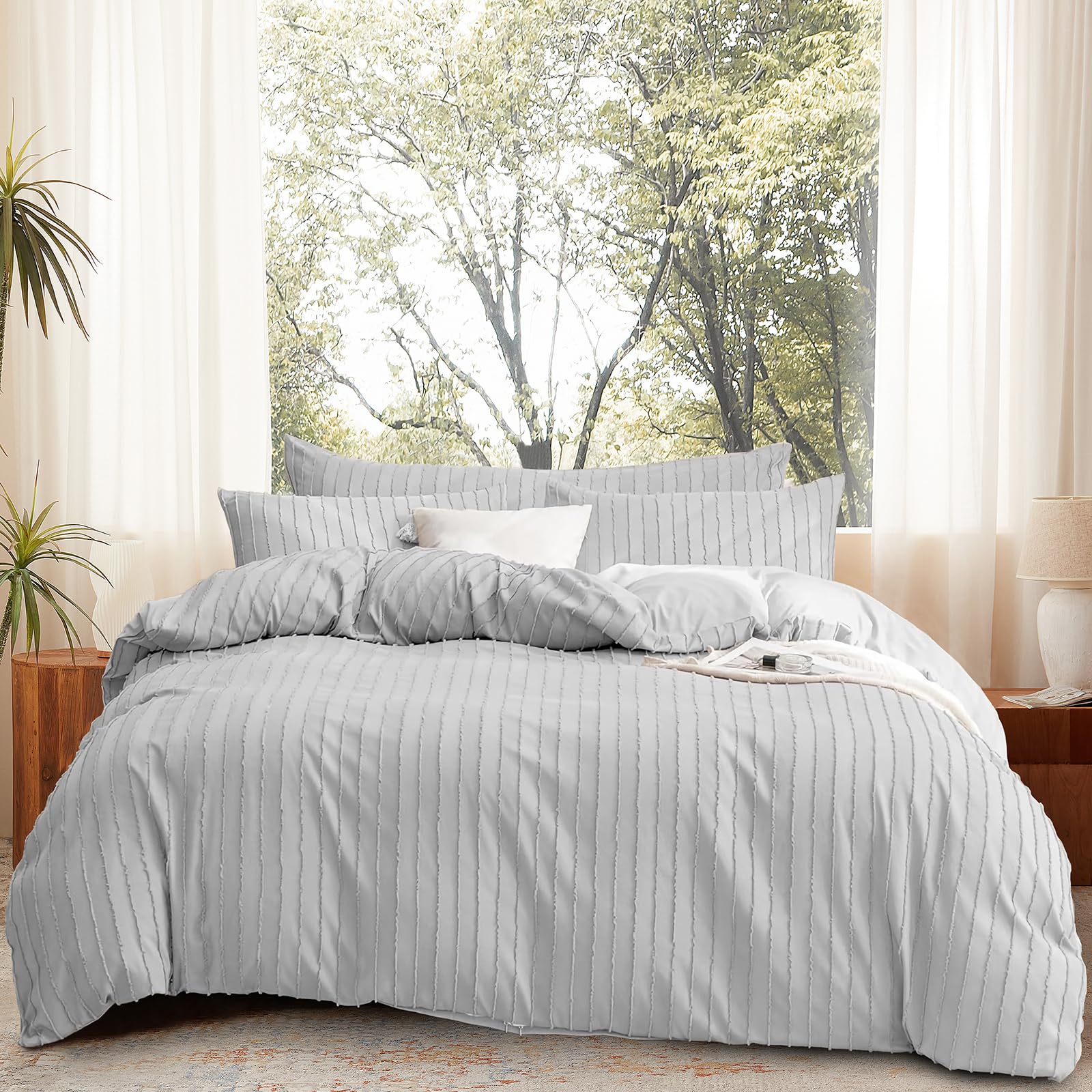 DJY Light Grey Boho Duvet Cover Set Double Size 3PCS-Striped Plain Tufted Bedding Set, Soft and Lightweight Bed Cover with Zipper Closure (Double, 200x200cm) — image 1
