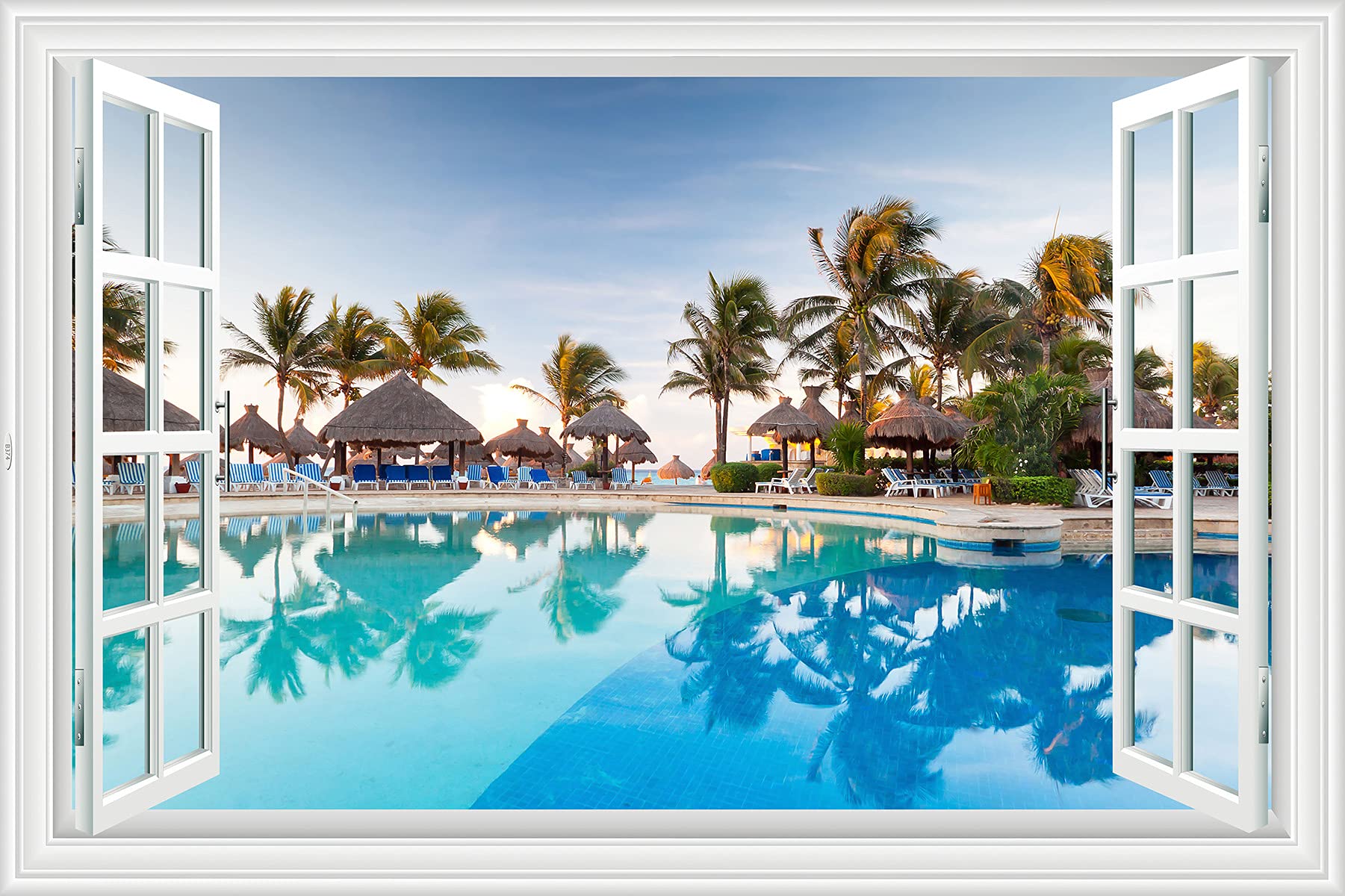 Lichi 3D Fake Window Wall Sticker Mural Decal of Beach Coconut Tree View Scenery with Seaside Pool