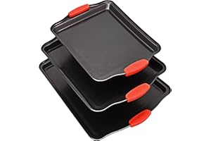 Perlli Cookie Sheets for Baking Non Stick Oven Pan Tray Baking Sheet 3-Piece Set (Small, Medium & Large) Carbon Steel BPA Free Cooking and Baking Trays for Cakes and Cookies with Red Silicone Grips