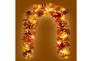 KASZOO 2 Pack Fall Maple Garland with 40 LED String Light- 5.8ft/Piece Artificial Fall Foliage Garland Autumn Decor for Home Wedding Party