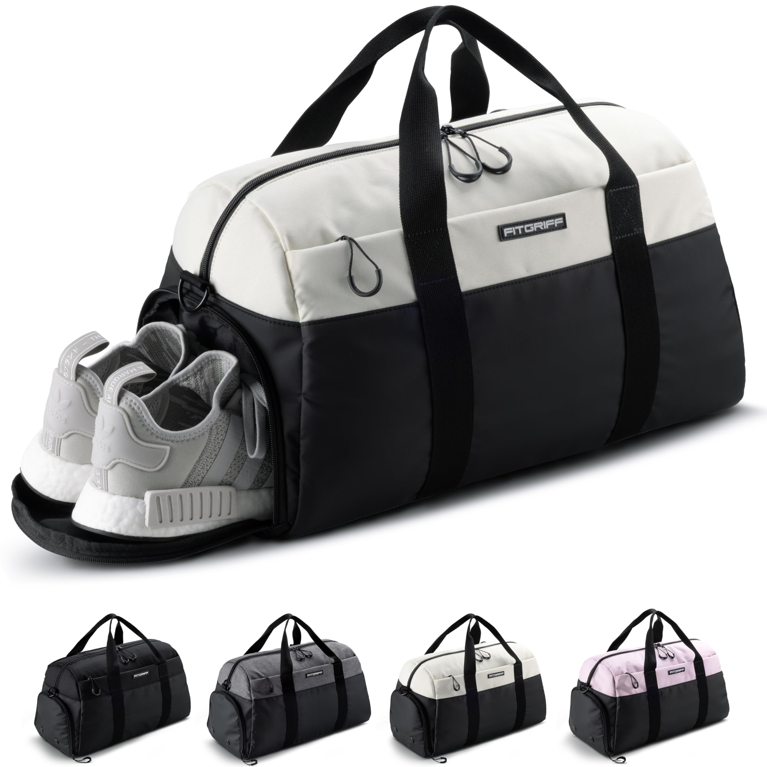 Fitgriff® Sporttasche & Reisetasche V2 für Damen und Herren - mit Schuhfach & Nassfach - Tasche für Sport, Fitness, Reisen - Trainingstasche, Gym Bag, (Black/Creme White, Small)