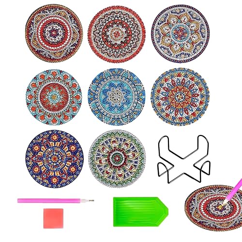 8pcs Fun Round Diamond Painting Coasters + Iron Stand - Stylish Absorbent Diamond Decorative Art Coaster Set With Stand, Suitable For Art And Craft Supplies, Coffee Coasters, Dining Decoration