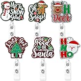 Xylolfsty 6PCS Funny Christmas Badge Reels Acrylic Retractable Nurse Badge Holder with Alligator Clip Glitter Reindeer Snowman Gingerbread Christmas Tree Cute Badge Reel for Nurse Student Teacher Gift