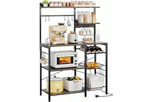 Vermess 5-Tiers Coffee Bar, Bakers Rack with Power Outlet, Microwave Stand, Coffee Station with 10 Hooks, Wine Rack, Shelving
