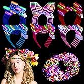 Xinnun 50 Pcs LED Cat Ear Headbands Bulk, Light up Flower Headband Glow Crown Rabbit Ear Head Accessories for Glow in the Dark Party for Easter Mardi Gras Carnival Bachelorette Rave Accessories