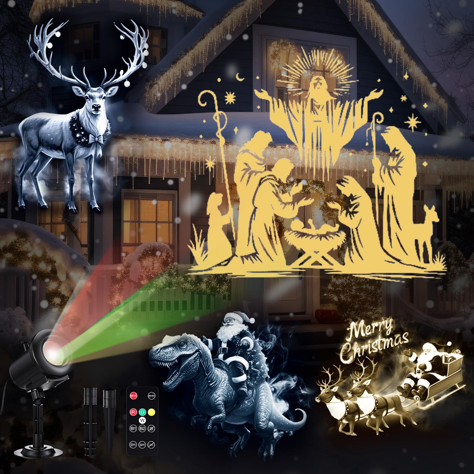 Photo 1 of 12 in 1 Christmas Projector Lights Outdoor Indoor Christmas Decoration, Waterproof Holiday 3D Projector Light HD Patterns Dynamic 4 Colors with Remote for Window Wall Yard