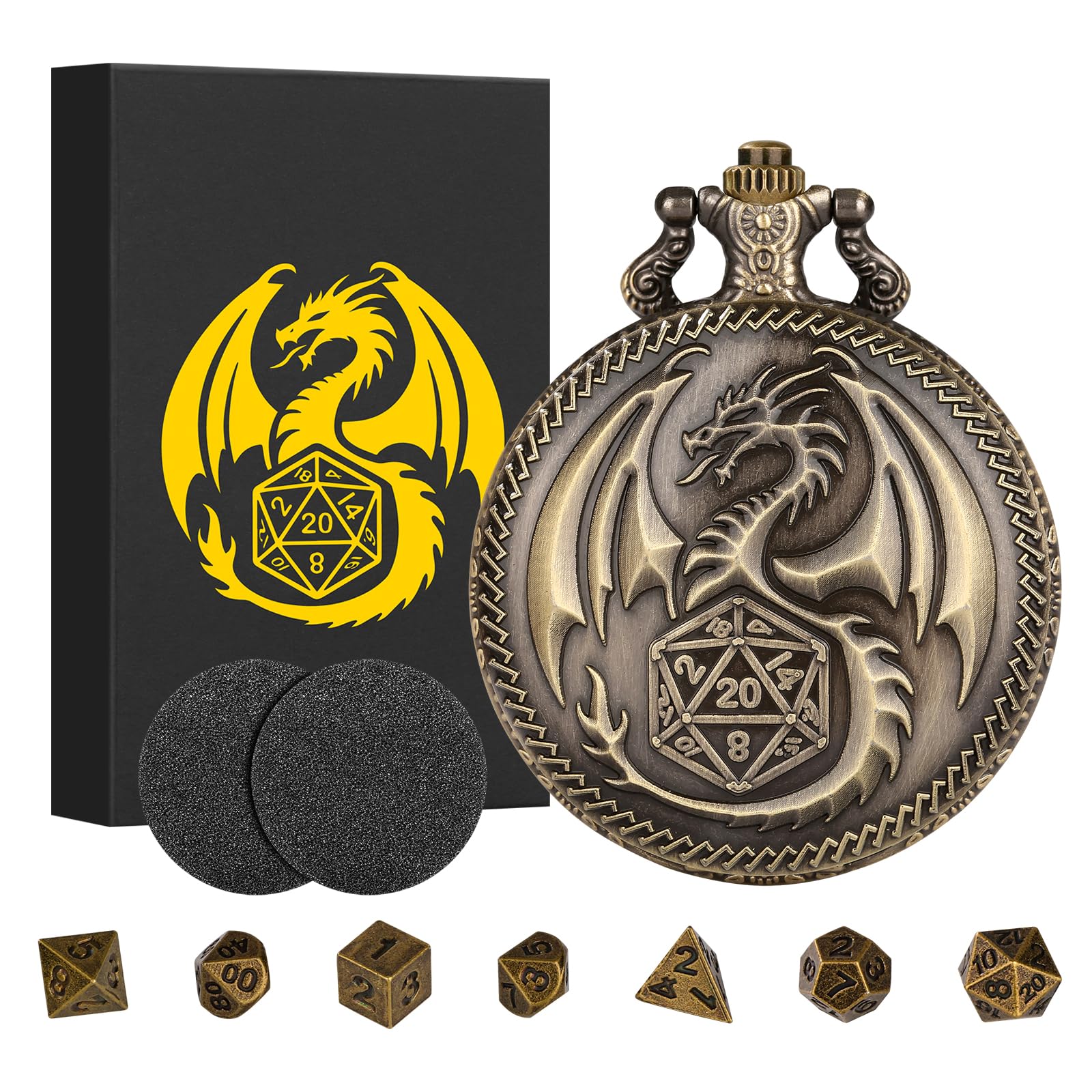 Mini DND Dice Set Steampunk Dragon Pocket Watch Shell Case, 7pcs Polyhedral Metal D&D Dice Set, DND Gifts with Gift Box, Role Playing Board Games Accessories, Bronze