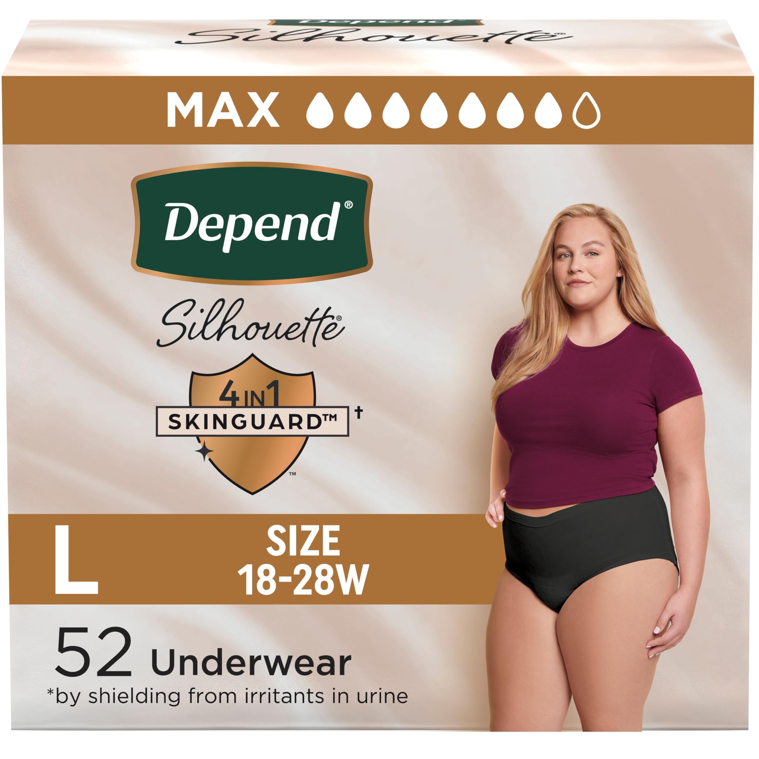 Photo 1 of Depend Silhouette Adult Incontinence & Postpartum Bladder Leak Underwear for Women, Maximum Absorbency, Large, Black, 52 Count (2 Packs of 26), Packaging May Vary