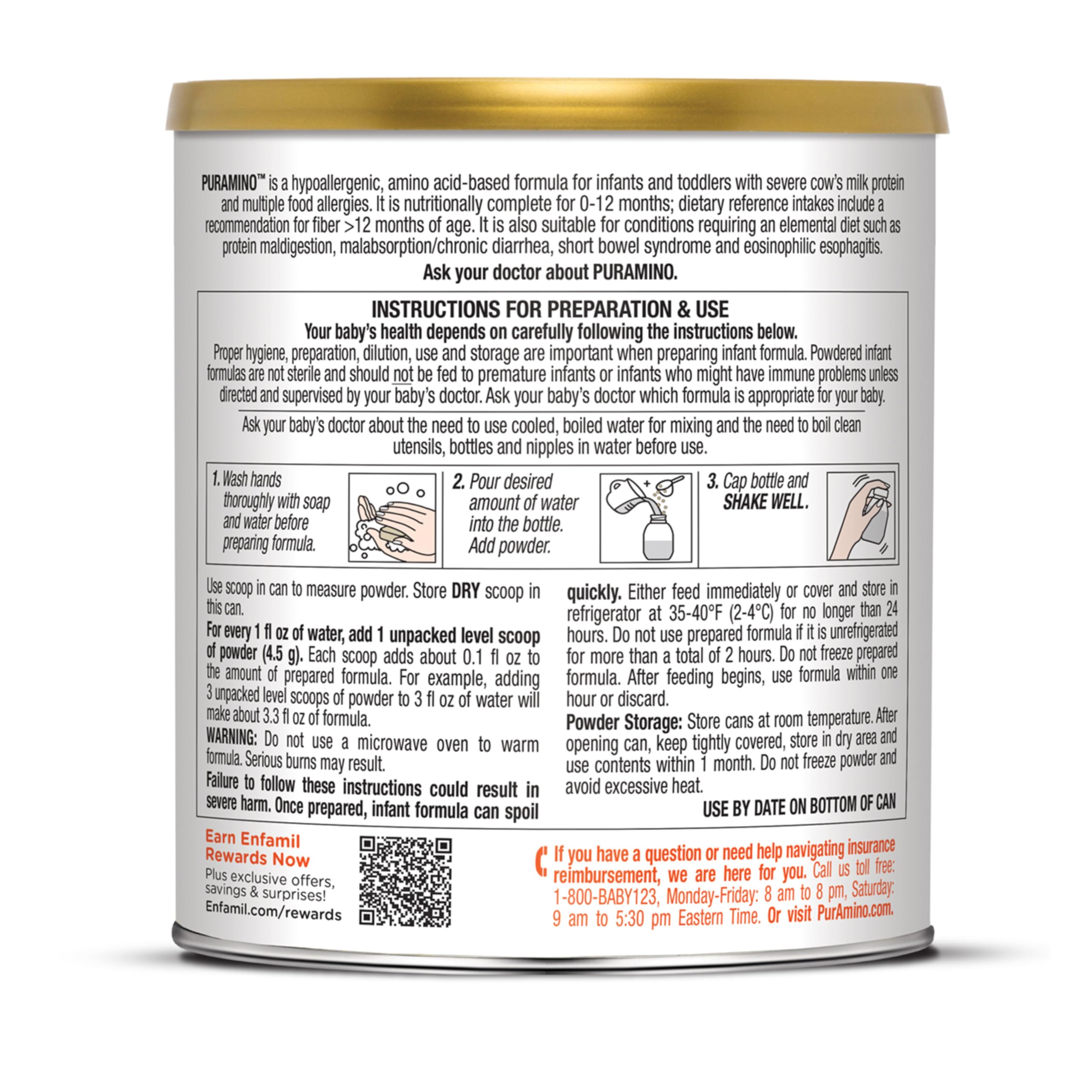 Enfamil PurAmino Hypoallergenic Infant Drink, for Severe Food Allergies, Omega-3 DHA, Iron, Immune Support, Powder Can, 14.1 Oz