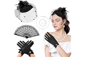 Psiokimi Fascinator Hat, 6 Pcs Vintage Tea Party Hat, Mesh Veil Headband with Lace Glove Pearl Necklace Earring Bracelet Fan