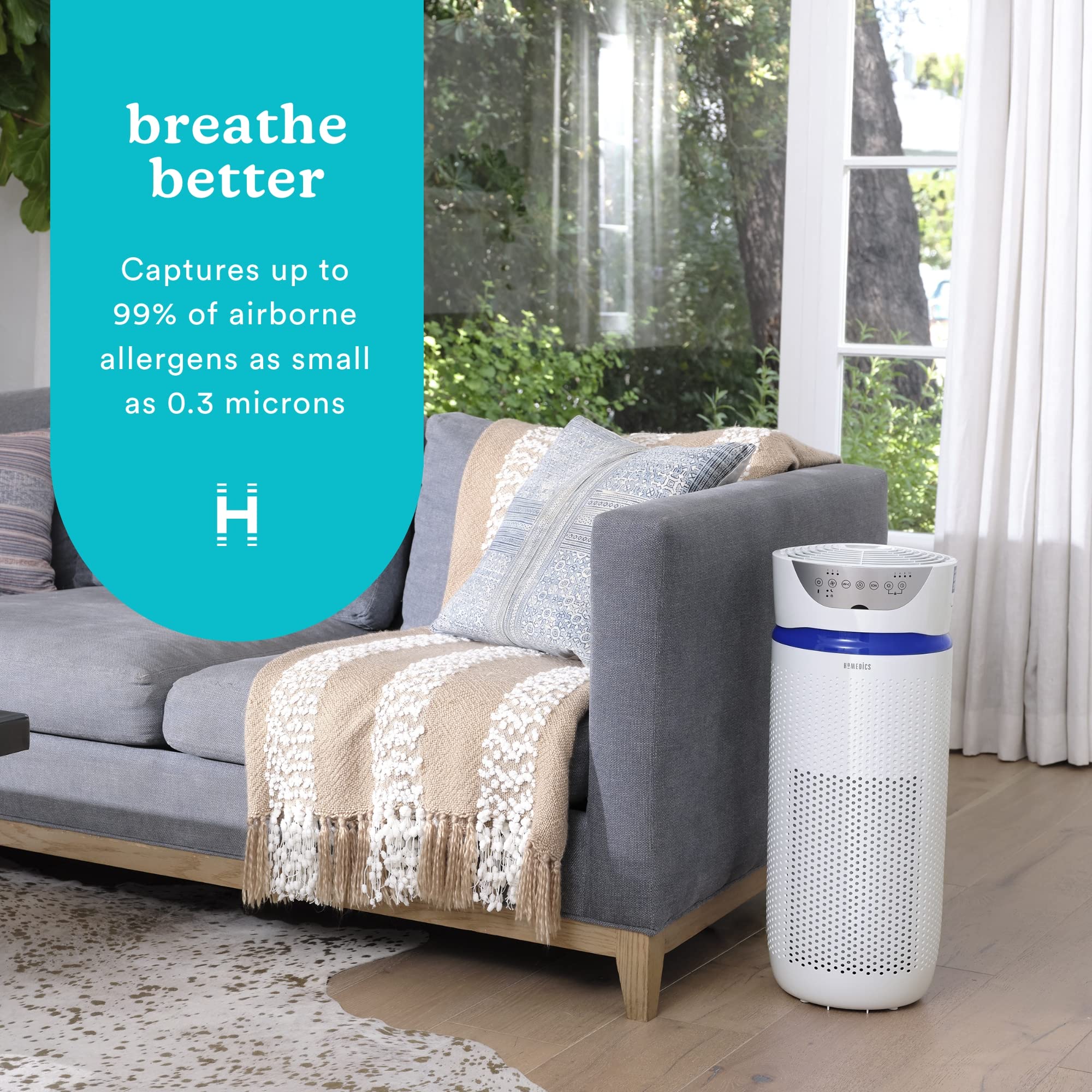 Homedics 5-in-1 UV-C Air Purifier - 360-Degree HEPA Filter for 1,659 Sq Ft, Extra Large Air Purifiers for Bedroom and Home, Essential Oil Pads, Built-In Timer, 5 Speed Settings for Large Rooms, White