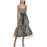 Maison Tara Womens Sleeveless Scoop Neck Embroidered Mesh Party Midi Dress