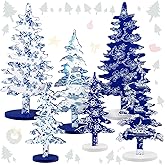Kigley 6 Pcs Porcelain Christmas Tree Sign Table Decor 6" 8" 10.5" Blue White Xmas Tree Tabletop Christmas Tiered Tray Centerpieces Xmas Gift for Home Mantel Shelf Office Party Windowsill Decoration