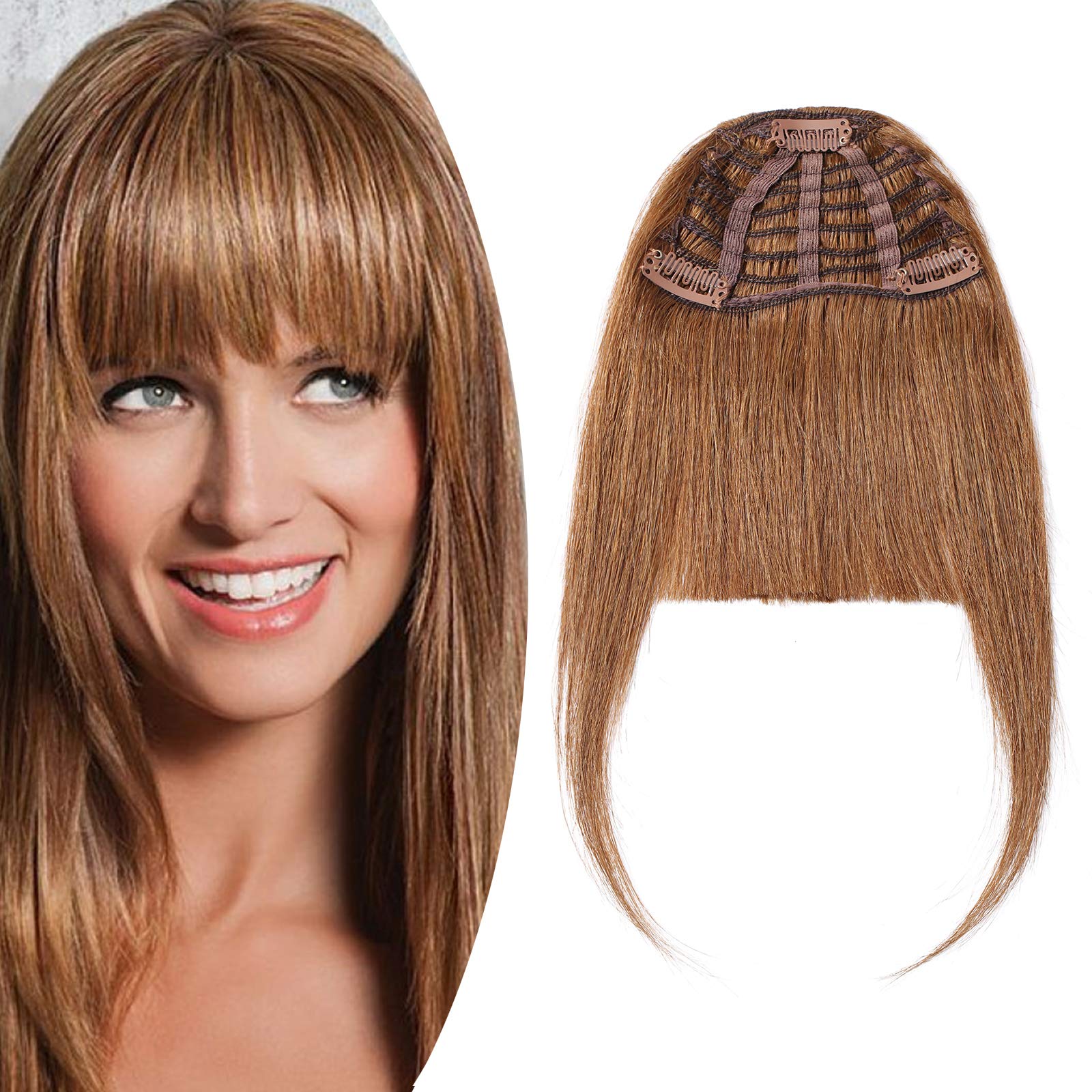 SEGO Clip in Fringe Bangs 100% Human Hair Extensions Clip in [Thick Bangs] #6 Light Brown Clip on One Piece Real Hairpieces for Women (25g)
